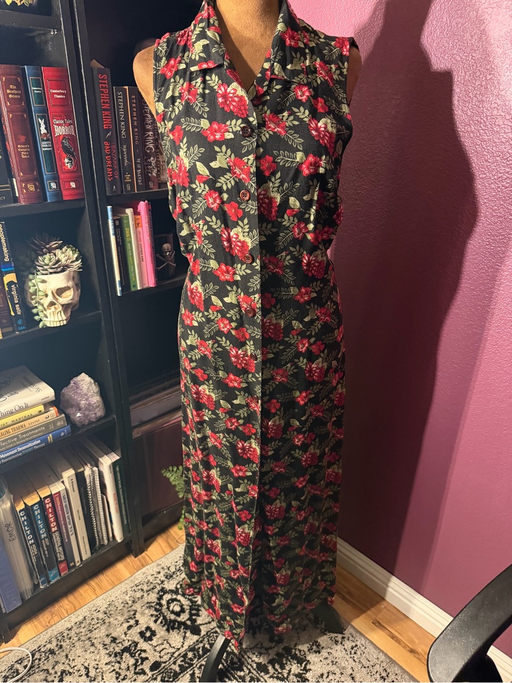 Basic editions sleevless black Floral button front Maxi Dress-vintage Whimsigoth